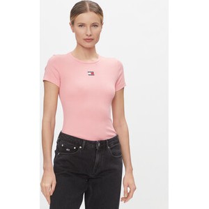 Różowy t-shirt Tommy Jeans z okrągłym dekoltem w stylu casual