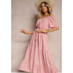Różowa sukienka Renee maxi z krótkim rękawem z bawełny