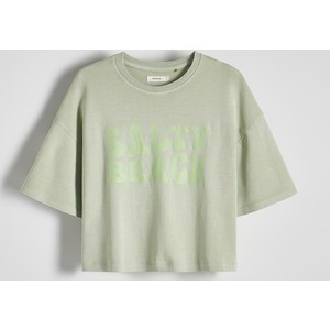 Zielony t-shirt Reserved z okrągłym dekoltem z bawełny w młodzieżowym stylu