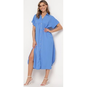 Niebieska sukienka born2be w stylu klasycznym z dekoltem w kształcie litery v z krótkim rękawem