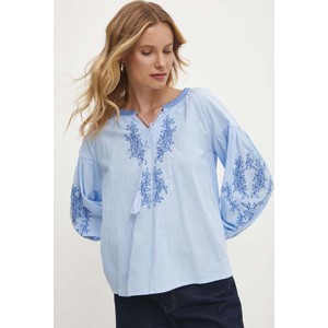 Niebieska bluzka Answear Lab z długim rękawem z bawełny z dekoltem w kształcie litery v
