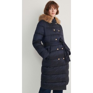 Granatowy płaszcz Reserved w stylu casual z kapturem z tkaniny