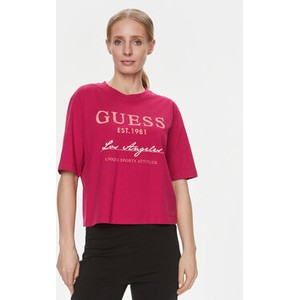 Różowa bluzka Guess w młodzieżowym stylu z okrągłym dekoltem