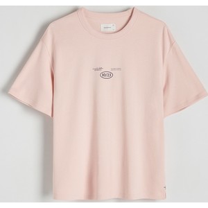 Różowy t-shirt Reserved z bawełny z krótkim rękawem z nadrukiem