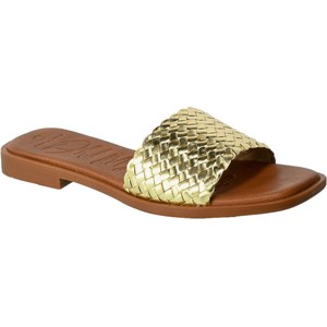 Złote klapki Oh My Sandals w stylu casual z płaską podeszwą ze skóry