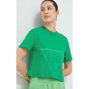 Zielony t-shirt Guess z krótkim rękawem z okrągłym dekoltem w młodzieżowym stylu