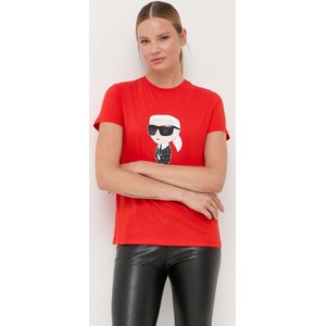 Czerwony t-shirt Karl Lagerfeld w młodzieżowym stylu w bożonarodzeniowy wzór z okrągłym dekoltem