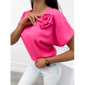 Różowa bluzka ModnaKiecka.pl z krótkim rękawem w stylu klasycznym z okrągłym dekoltem