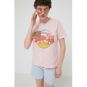 Różowa bluzka Superdry w młodzieżowym stylu z okrągłym dekoltem z nadrukiem