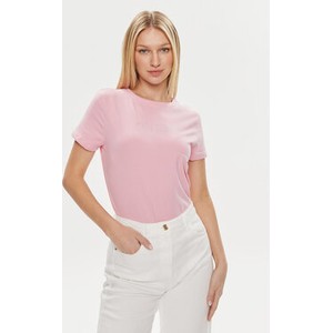 Różowy t-shirt Guess z krótkim rękawem z okrągłym dekoltem w stylu casual
