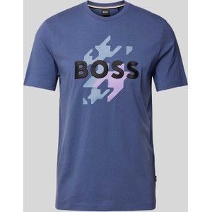 Granatowy t-shirt Hugo Boss z krótkim rękawem z bawełny z nadrukiem