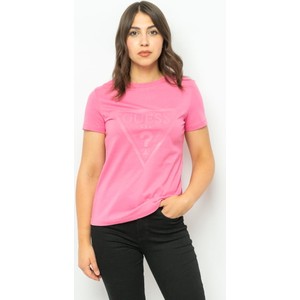 Różowy t-shirt Guess z bawełny w stylu casual z okrągłym dekoltem