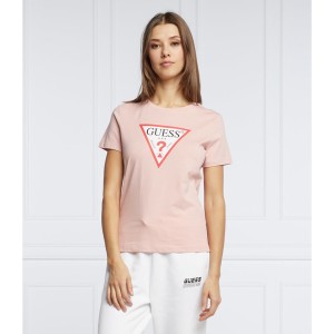 Różowy t-shirt Guess z krótkim rękawem z okrągłym dekoltem