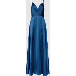 Niebieska sukienka Luxuar Fashion rozkloszowana z satyny z dekoltem w kształcie litery v