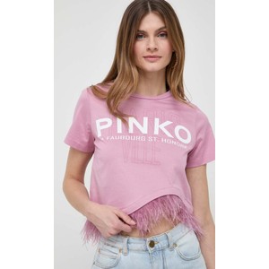 Różowa bluzka Pinko z bawełny z krótkim rękawem z okrągłym dekoltem