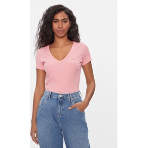 Różowa bluzka Tommy Jeans z dekoltem w kształcie litery v w stylu casual