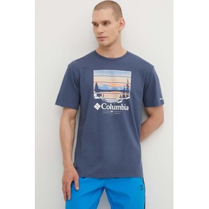 Niebieski t-shirt Columbia z krótkim rękawem z nadrukiem