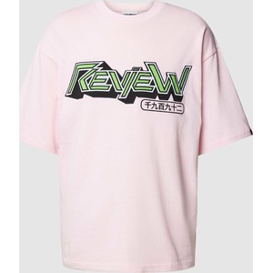Różowy t-shirt Review w młodzieżowym stylu z bawełny