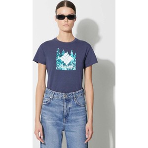 Granatowy t-shirt Columbia z okrągłym dekoltem z nadrukiem w młodzieżowym stylu