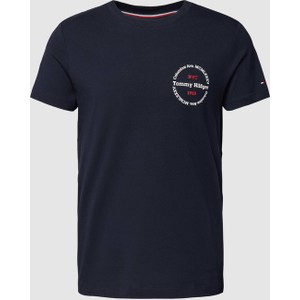 Granatowy t-shirt Tommy Hilfiger z krótkim rękawem z bawełny z nadrukiem