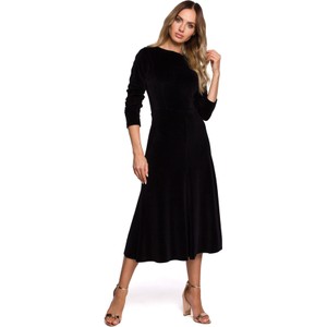 Czarna sukienka MOE z okrągłym dekoltem midi z długim rękawem
