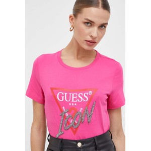 Różowy t-shirt Guess z okrągłym dekoltem w młodzieżowym stylu z bawełny