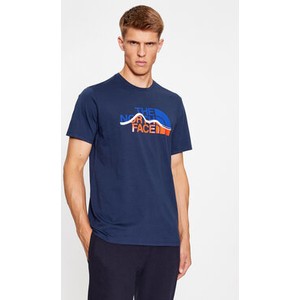 Granatowy t-shirt The North Face w sportowym stylu z krótkim rękawem