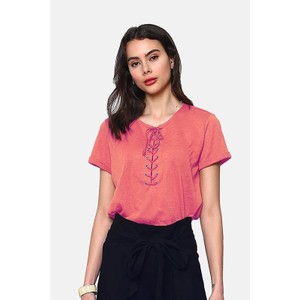 Różowa bluzka Le Jardin Du Lin z krótkim rękawem w stylu casual z okrągłym dekoltem