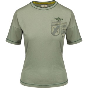 Zielona bluzka Aeronautica Militare z krótkim rękawem w militarnym stylu z okrągłym dekoltem