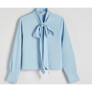 Niebieska bluzka Reserved z długim rękawem z tkaniny z dekoltem w kształcie litery v