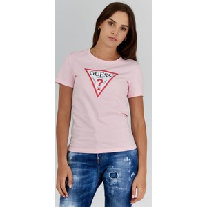 Różowy t-shirt Guess w młodzieżowym stylu z okrągłym dekoltem