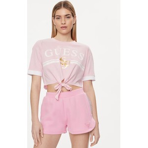 Różowy t-shirt Guess w młodzieżowym stylu z krótkim rękawem z okrągłym dekoltem