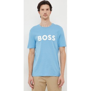 Niebieski t-shirt Hugo Boss z bawełny z nadrukiem