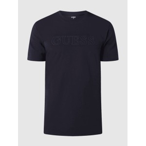 Granatowy t-shirt Guess z bawełny z nadrukiem z krótkim rękawem