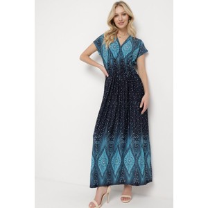 Niebieska sukienka born2be z tkaniny z dekoltem w kształcie litery v
