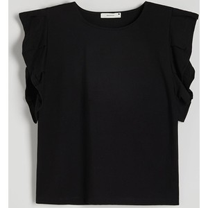 Czarna bluzka Reserved z bawełny z okrągłym dekoltem z krótkim rękawem