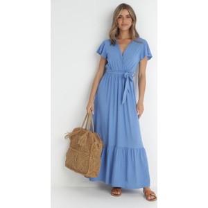 Niebieska sukienka born2be z krótkim rękawem maxi z dekoltem w kształcie litery v