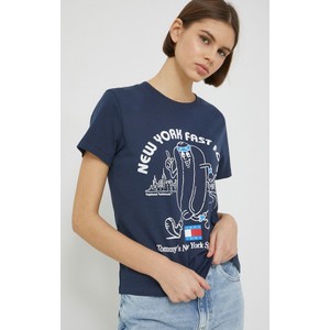 Granatowy t-shirt Tommy Jeans w młodzieżowym stylu z dzianiny z okrągłym dekoltem