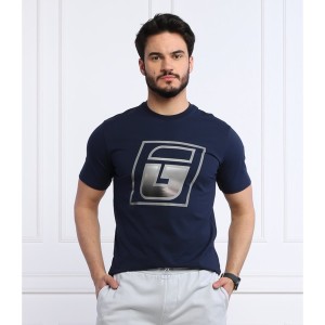 Niebieski t-shirt Guess z nadrukiem w młodzieżowym stylu z krótkim rękawem