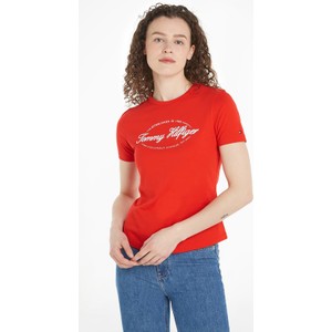 Czerwony t-shirt Tommy Hilfiger w młodzieżowym stylu z okrągłym dekoltem z bawełny