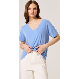 Niebieska bluzka Diverse z dekoltem w kształcie litery v z krótkim rękawem w stylu casual