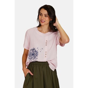 Różowa bluzka Le Jardin Du Lin z krótkim rękawem z lnu z okrągłym dekoltem