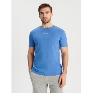 Niebieski t-shirt Sinsay w stylu casual z krótkim rękawem z nadrukiem