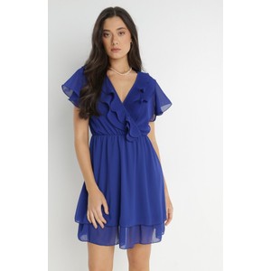 Niebieska sukienka born2be z dekoltem w kształcie litery v z tkaniny z krótkim rękawem