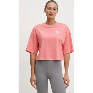 Różowy t-shirt Puma w sportowym stylu z bawełny z krótkim rękawem