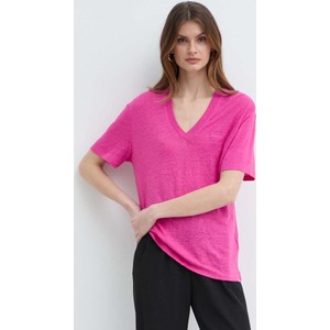 Różowy t-shirt Hugo Boss z dekoltem w kształcie litery v z lnu w stylu casual