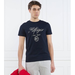 Granatowy t-shirt Tommy Hilfiger z krótkim rękawem z bawełny