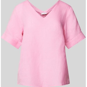 Różowy t-shirt Rich & Royal z krótkim rękawem z lnu w stylu casual