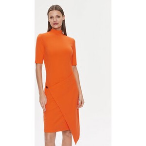 Pomarańczowa sukienka Calvin Klein z krótkim rękawem dopasowana midi