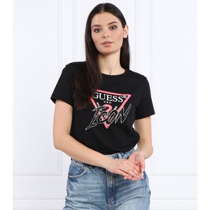 Czarny t-shirt Guess z okrągłym dekoltem z bawełny w młodzieżowym stylu